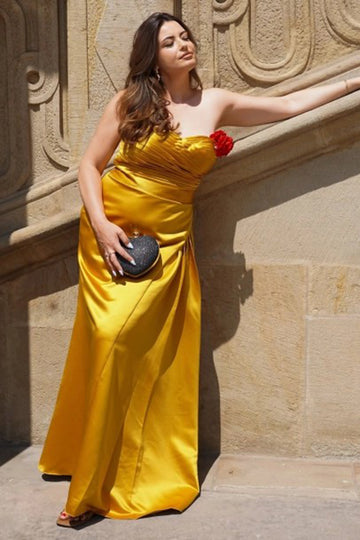 Yellow Strapless Sheath Ruched Satin Formal Dress